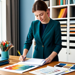 **

"A woman working on interior design plans at a bright home office desk, surrounded by fabric samples and color palettes, fully clothed in modest professional attire, safe for work, appropriate content, perfect anatomy, natural proportions, professional, well-lit, family-friendly."

**