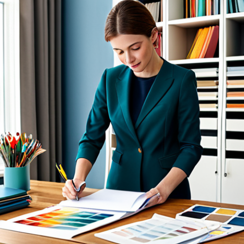 **

"A woman working on interior design plans at a bright home office desk, surrounded by fabric samples and color palettes, fully clothed in modest professional attire, safe for work, appropriate content, perfect anatomy, natural proportions, professional, well-lit, family-friendly."

**