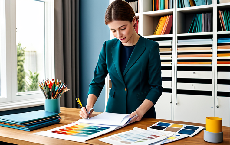 **

"A woman working on interior design plans at a bright home office desk, surrounded by fabric samples and color palettes, fully clothed in modest professional attire, safe for work, appropriate content, perfect anatomy, natural proportions, professional, well-lit, family-friendly."

**